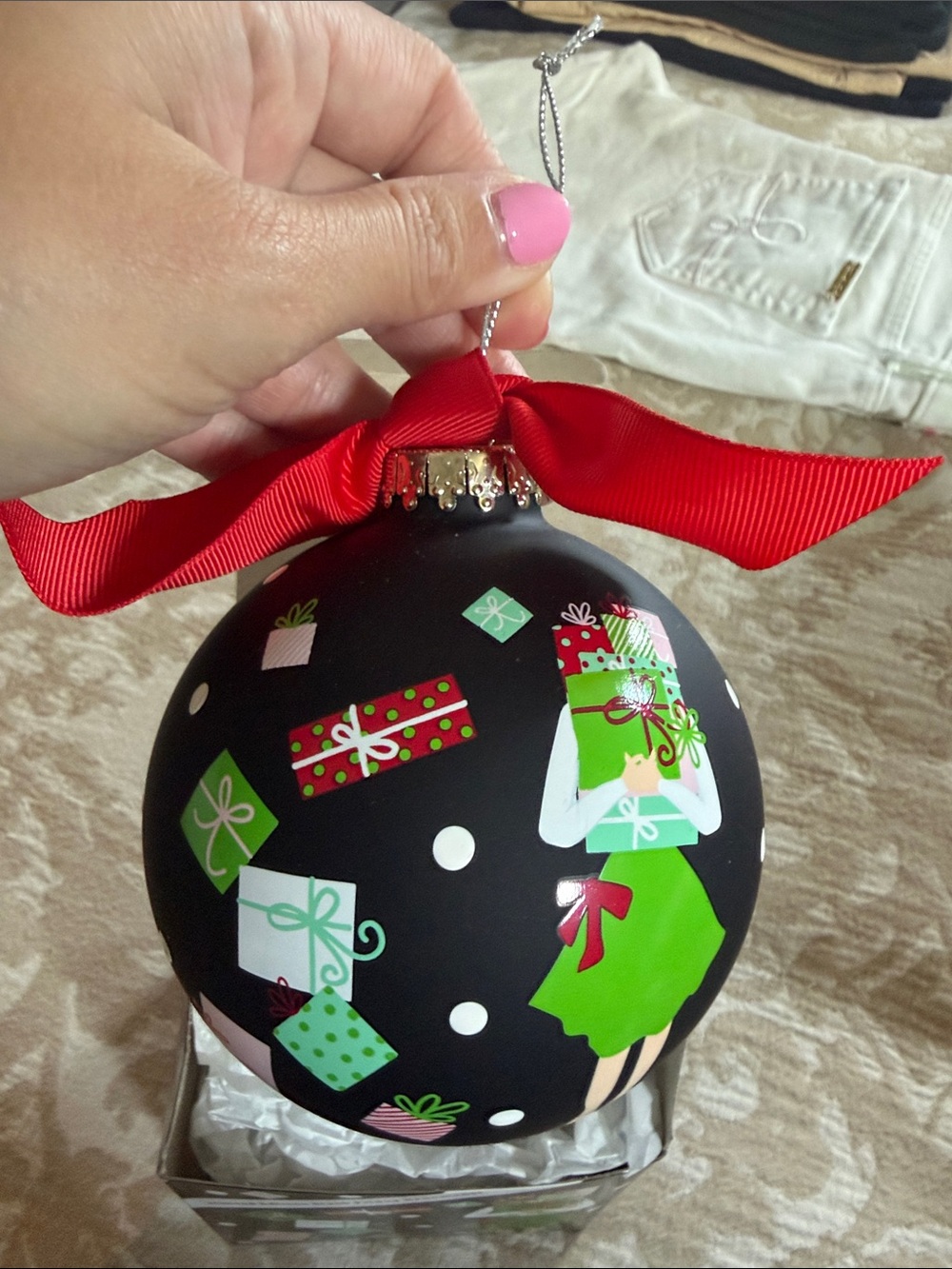 Holiday Gift Ornament - Black and Green with Red Bow - Coton Colors
